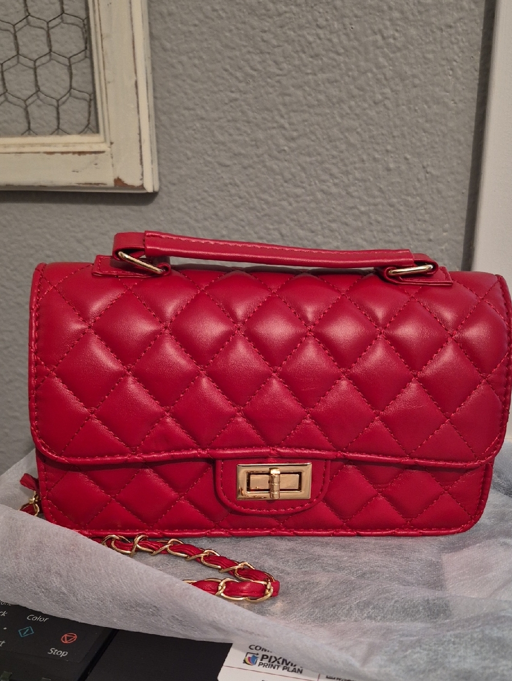Quilted Red Chain Crossbody Bag with Top Handle